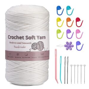 crochet yarn, 250g/8.81oz yarn for crocheting, 328 yards cotton yarn for crocheting easy yarn with stitch markers, blunt needles chunky thick cotton nylon blend yarn for crocheting-white