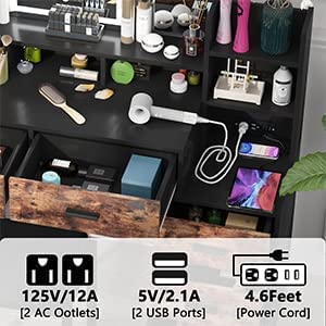 PakaLife Makeup Vanity Desk with Lighted Mirror & Power Strip, 45.59" Vanity Desk with Tri-fold Makeup Mirror, 3 Lighting Colors&Brightness Adjustable, White Vanity (Black&Brown)