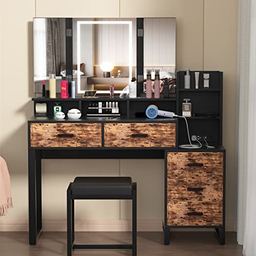 PakaLife Makeup Vanity Desk with Lighted Mirror & Power Strip, 45.59" Vanity Desk with Tri-fold Makeup Mirror, 3 Lighting Colors&Brightness Adjustable, White Vanity (Black&Brown)