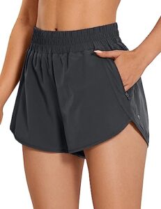 crz yoga women's high waisted running shorts mesh liner - 3'' dolphin quick dry athletic gym track workout shorts zip pocket graphite grey medium