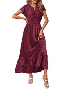 merokeety summer short sleeve vneck wedding dress swiss dot flowy a line tiered maxi dresses burgundy medium