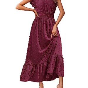 MEROKEETY Summer Short Sleeve Vneck Wedding Dress Swiss Dot Flowy A Line Tiered Maxi Dresses Burgundy Medium