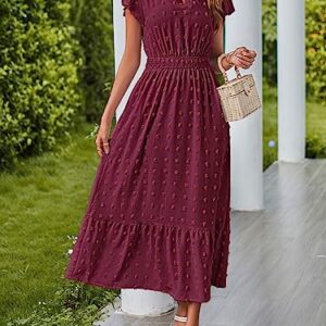 MEROKEETY Summer Short Sleeve Vneck Wedding Dress Swiss Dot Flowy A Line Tiered Maxi Dresses Burgundy Medium