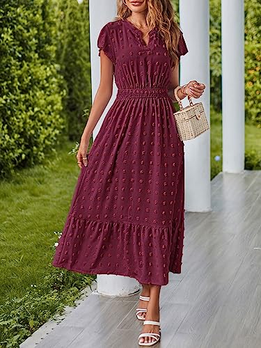 MEROKEETY Summer Short Sleeve Vneck Wedding Dress Swiss Dot Flowy A Line Tiered Maxi Dresses Burgundy Medium