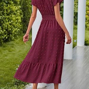 MEROKEETY Summer Short Sleeve Vneck Wedding Dress Swiss Dot Flowy A Line Tiered Maxi Dresses Burgundy Medium