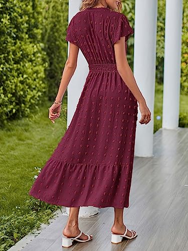 MEROKEETY Summer Short Sleeve Vneck Wedding Dress Swiss Dot Flowy A Line Tiered Maxi Dresses Burgundy Medium