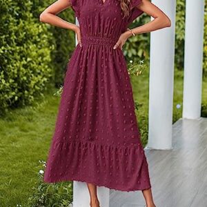 MEROKEETY Summer Short Sleeve Vneck Wedding Dress Swiss Dot Flowy A Line Tiered Maxi Dresses Burgundy Medium