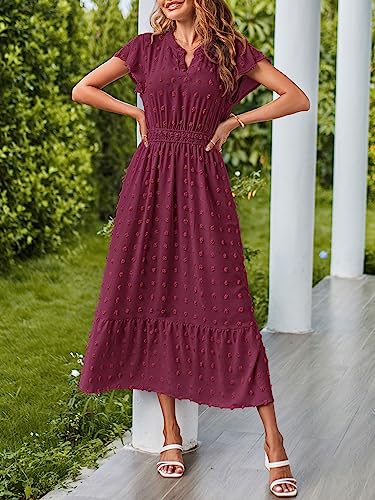 MEROKEETY Summer Short Sleeve Vneck Wedding Dress Swiss Dot Flowy A Line Tiered Maxi Dresses Burgundy Medium