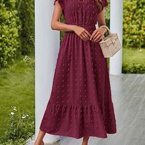 MEROKEETY Summer Short Sleeve Vneck Wedding Dress Swiss Dot Flowy A Line Tiered Maxi Dresses Burgundy Medium