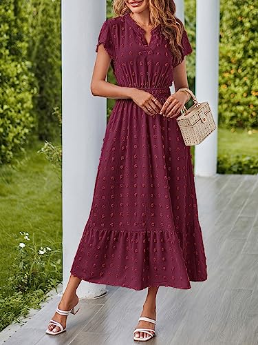 MEROKEETY Summer Short Sleeve Vneck Wedding Dress Swiss Dot Flowy A Line Tiered Maxi Dresses Burgundy Medium