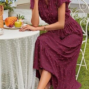 MEROKEETY Summer Short Sleeve Vneck Wedding Dress Swiss Dot Flowy A Line Tiered Maxi Dresses Burgundy Medium