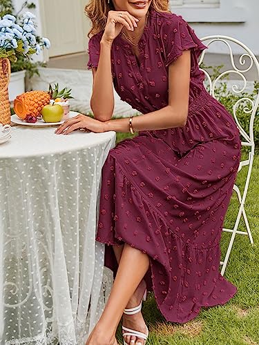 MEROKEETY Summer Short Sleeve Vneck Wedding Dress Swiss Dot Flowy A Line Tiered Maxi Dresses Burgundy Medium