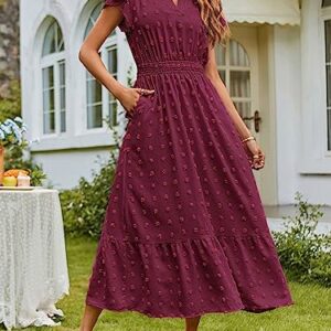 MEROKEETY Summer Short Sleeve Vneck Wedding Dress Swiss Dot Flowy A Line Tiered Maxi Dresses Burgundy Medium