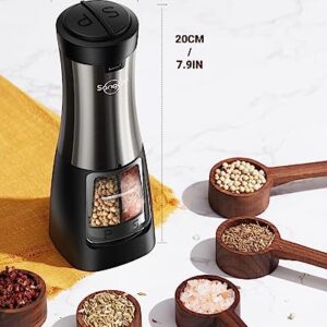 2 in 1 Electric Salt and Pepper Grinder Set Shaker USB Rechargeable, Sangcon Salt and Pepper Grinder Mill Set Dual In One, Automatic Refillable Adjustable Coarseness Ceramic Grinder with Light