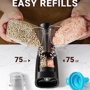 2 in 1 Electric Salt and Pepper Grinder Set Shaker USB Rechargeable, Sangcon Salt and Pepper Grinder Mill Set Dual In One, Automatic Refillable Adjustable Coarseness Ceramic Grinder with Light