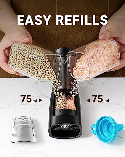 2 in 1 Electric Salt and Pepper Grinder Set Shaker USB Rechargeable, Sangcon Salt and Pepper Grinder Mill Set Dual In One, Automatic Refillable Adjustable Coarseness Ceramic Grinder with Light