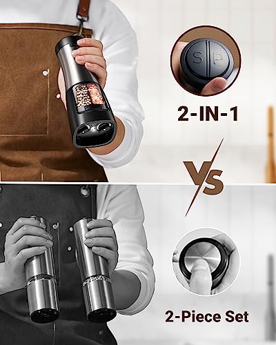 2 in 1 Electric Salt and Pepper Grinder Set Shaker USB Rechargeable, Sangcon Salt and Pepper Grinder Mill Set Dual In One, Automatic Refillable Adjustable Coarseness Ceramic Grinder with Light