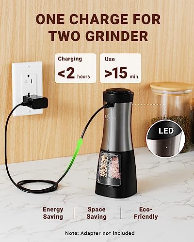 2 in 1 Electric Salt and Pepper Grinder Set Shaker USB Rechargeable, Sangcon Salt and Pepper Grinder Mill Set Dual In One, Automatic Refillable Adjustable Coarseness Ceramic Grinder with Light