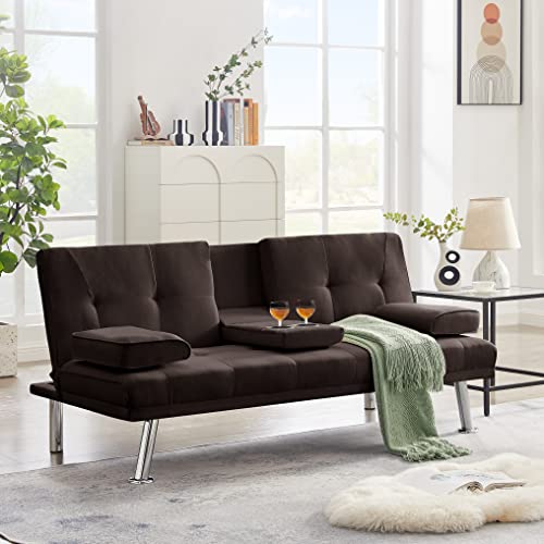 67" Modern Linen Upholstered Futon Sofa Convertible Sleeper Couch Bed Daybed Loveseat,Folding Recliner with 2 Cup Holders,Metal Legs,Removable Soft Pillow-Top Armrest for Living Room Compact Space