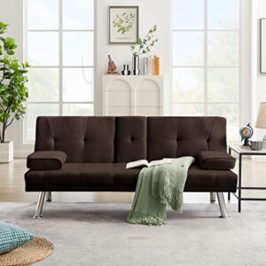 67" Modern Linen Upholstered Futon Sofa Convertible Sleeper Couch Bed Daybed Loveseat,Folding Recliner with 2 Cup Holders,Metal Legs,Removable Soft Pillow-Top Armrest for Living Room Compact Space