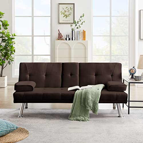 67" Modern Linen Upholstered Futon Sofa Convertible Sleeper Couch Bed Daybed Loveseat,Folding Recliner with 2 Cup Holders,Metal Legs,Removable Soft Pillow-Top Armrest for Living Room Compact Space