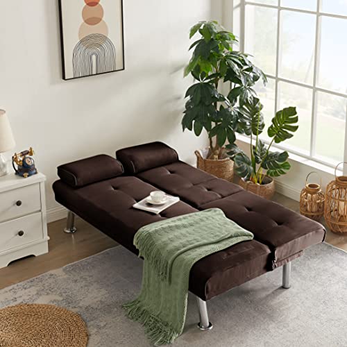 67" Modern Linen Upholstered Futon Sofa Convertible Sleeper Couch Bed Daybed Loveseat,Folding Recliner with 2 Cup Holders,Metal Legs,Removable Soft Pillow-Top Armrest for Living Room Compact Space