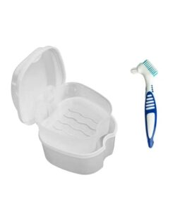american goods denture bath box with denture cleaner brush denture bath case with rinsing basket tray container (white)