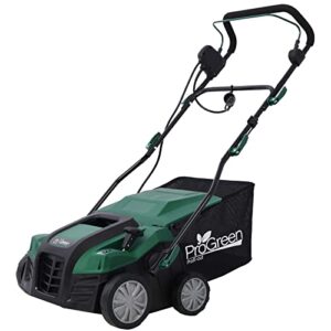 16" full steel deck electric scarifier, 2 in 1 garden dethatcher & scarifier with 3-rod system & 5 levels raking height adjustments & 58qt removable collection bag, green