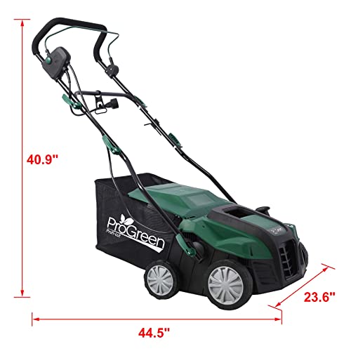 16" Full Steel Deck Electric Scarifier, 2 in 1 Garden Dethatcher & Scarifier with 3-Rod System & 5 Levels Raking Height Adjustments & 58QT Removable Collection Bag, Green