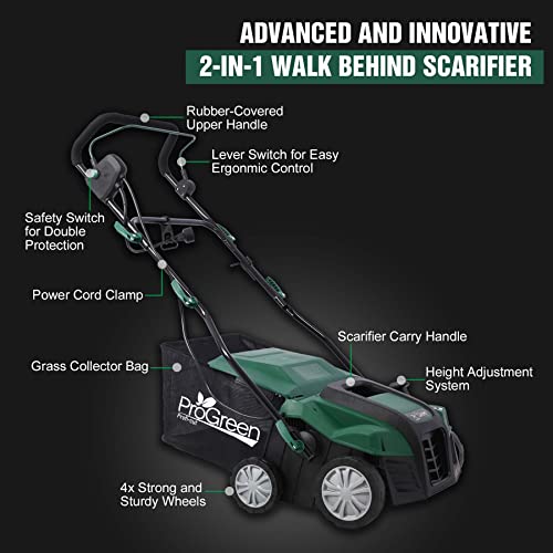 16" Full Steel Deck Electric Scarifier, 2 in 1 Garden Dethatcher & Scarifier with 3-Rod System & 5 Levels Raking Height Adjustments & 58QT Removable Collection Bag, Green