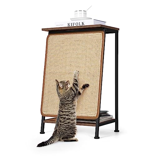 Modern End Table with Cat Bed, Cat Scratching Post Wood Cat Furniture Table Side Table with Small Cat House Cat Bed Table with Replaceable Sisal Scratch Scratching Pad Mat for Living Room Bedroom