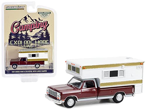 Greenlight 30409 1981 Dodge Ram D-250 Royal with Large Camper - Medium Crimson Red and Pearl White (Hobby Exclusive) 1/64 Scale Diecast