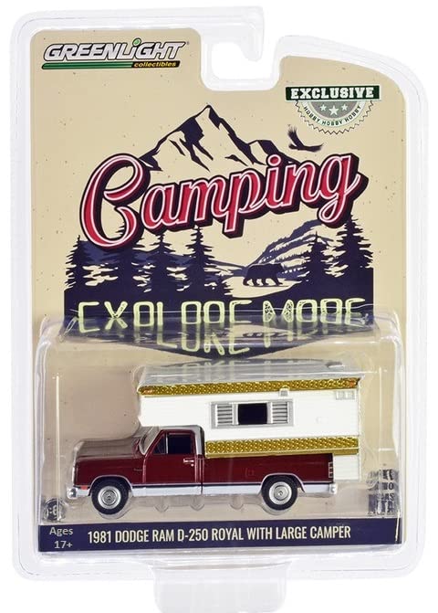 Greenlight 30409 1981 Dodge Ram D-250 Royal with Large Camper - Medium Crimson Red and Pearl White (Hobby Exclusive) 1/64 Scale Diecast