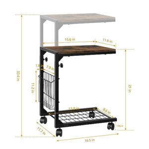 C Shaped End Table Set of 2 Snack Side Table Height Adjustable C Tables for Couch Bed Small Sofa Table with Wheels for Living Room, Bedroom, Rustic Brown