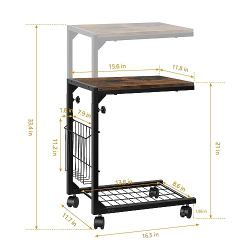 C Shaped End Table Set of 2 Snack Side Table Height Adjustable C Tables for Couch Bed Small Sofa Table with Wheels for Living Room, Bedroom, Rustic Brown