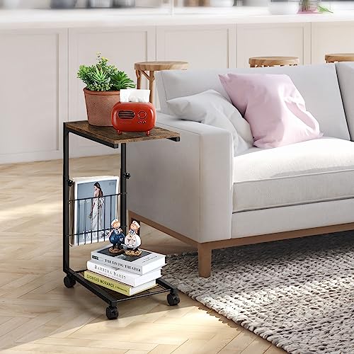 C Shaped Side Table End Table with Storage Small Sofa Table with Wheels Height Adjustable Couch Tables That Slide Under Snack Side Table for Living Room Bedroom, Rustic Brown