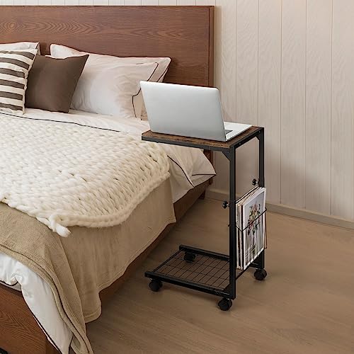C Shaped Side Table End Table with Storage Small Sofa Table with Wheels Height Adjustable Couch Tables That Slide Under Snack Side Table for Living Room Bedroom, Rustic Brown