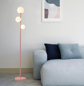 fiqevs pink floor lamp with sphere frosted glass shade, 3 globe mid century modern floor lamp with three 3000k led bulbs, cute led tall standing lamp for living room, girls room, bedroom