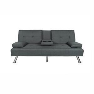 fulife futon sofa convertible sleeper couch bed daybed loveseat, folding recliner with 2 cup holders, metal legs, removable soft pillow-top armrest for living room small place, dark grey 66.1