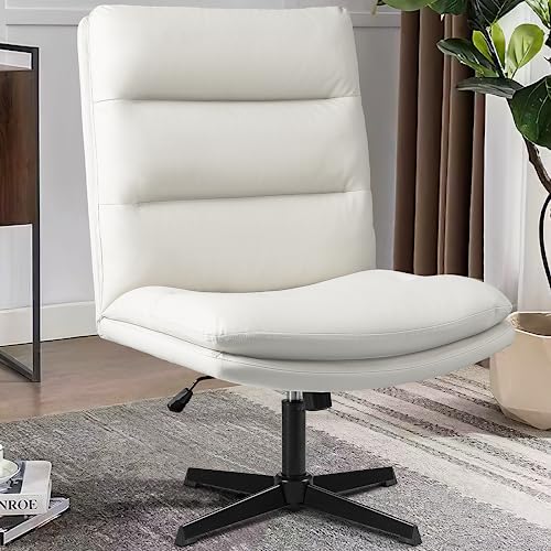 TAVATA High Back Armless Office Desk Chair No Wheels, PU Leather Cross Legged Office Chair, Wide Seat Home Office Desk Chairs, Adjustable Swivel Vanity Task Computer Chair (White)