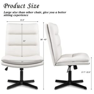TAVATA High Back Armless Office Desk Chair No Wheels, PU Leather Cross Legged Office Chair, Wide Seat Home Office Desk Chairs, Adjustable Swivel Vanity Task Computer Chair (White)