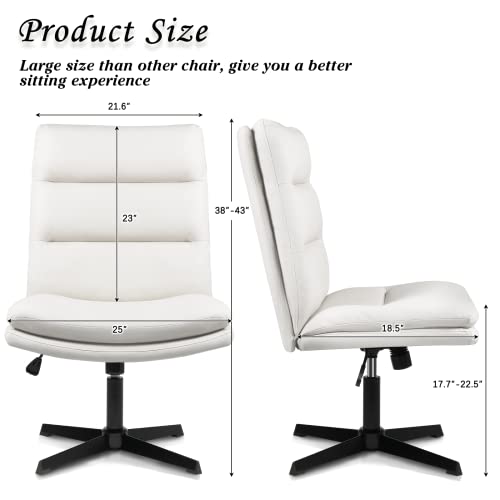 TAVATA High Back Armless Office Desk Chair No Wheels, PU Leather Cross Legged Office Chair, Wide Seat Home Office Desk Chairs, Adjustable Swivel Vanity Task Computer Chair (White)