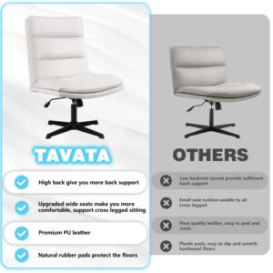 TAVATA High Back Armless Office Desk Chair No Wheels, PU Leather Cross Legged Office Chair, Wide Seat Home Office Desk Chairs, Adjustable Swivel Vanity Task Computer Chair (White)