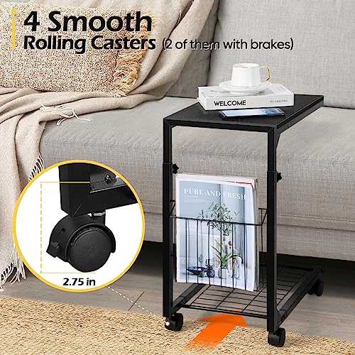 melos C Shaped End Table, C Adjustable Height Tables End Table for Couch, Couch Tables That Slide Under, Rolling Snack Table with Storage, Sofa Side Table for Living Room, Bedroom, Black