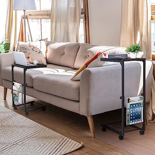 melos C Shaped End Table, C Adjustable Height Tables End Table for Couch, Couch Tables That Slide Under, Rolling Snack Table with Storage, Sofa Side Table for Living Room, Bedroom, Black