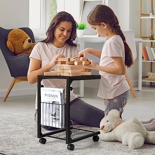 melos C Shaped End Table, C Adjustable Height Tables End Table for Couch, Couch Tables That Slide Under, Rolling Snack Table with Storage, Sofa Side Table for Living Room, Bedroom, Black