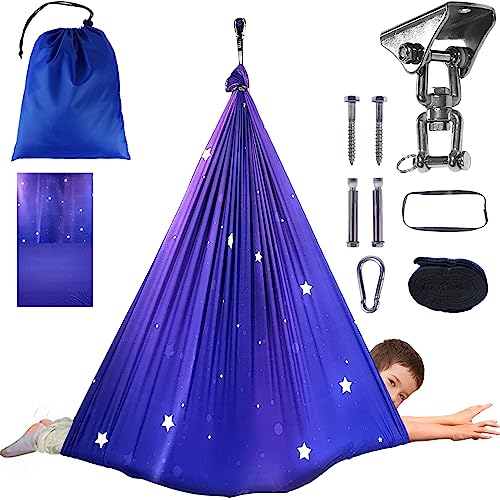 Sensory Swing for Kids Indoor & Outdoor Double Layer Therapy Cuddle Swing Hammock Chair with 360° Swivel Hanger Kit Adjustable Swing for Child and Adult with Aspergers Autism ADHD (Purple)