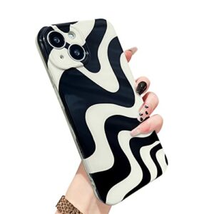 mzelq for iphone 13 case, cute pattern wave imd soft phone case, camera protection lens black and white shockproof phone case for girls women