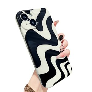 MZELQ for iPhone 13 Case, Cute Pattern Wave IMD Soft Phone Case, Camera Protection Lens Black and White Shockproof Phone Case for Girls Women