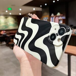 MZELQ for iPhone 13 Case, Cute Pattern Wave IMD Soft Phone Case, Camera Protection Lens Black and White Shockproof Phone Case for Girls Women